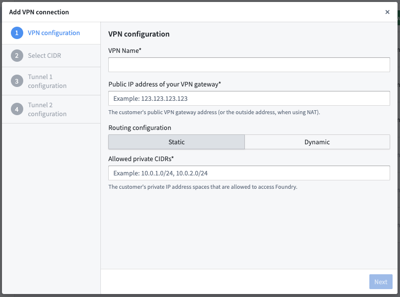 The Add VPN connection popup window displays the steps necessary to configure an ingress VPN configuration.