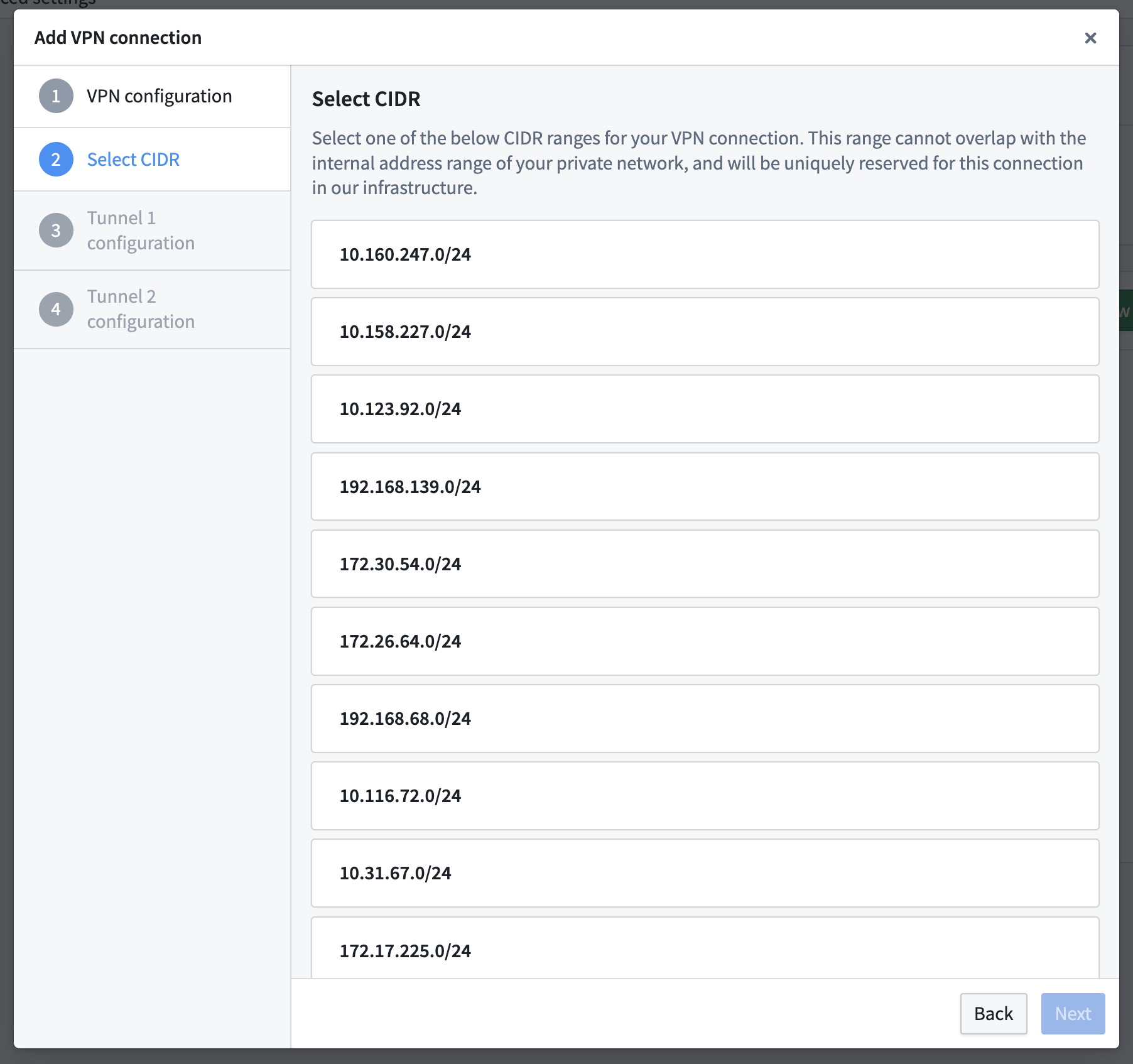 The Add VPN connection popup window displays the Select CIDR tab.