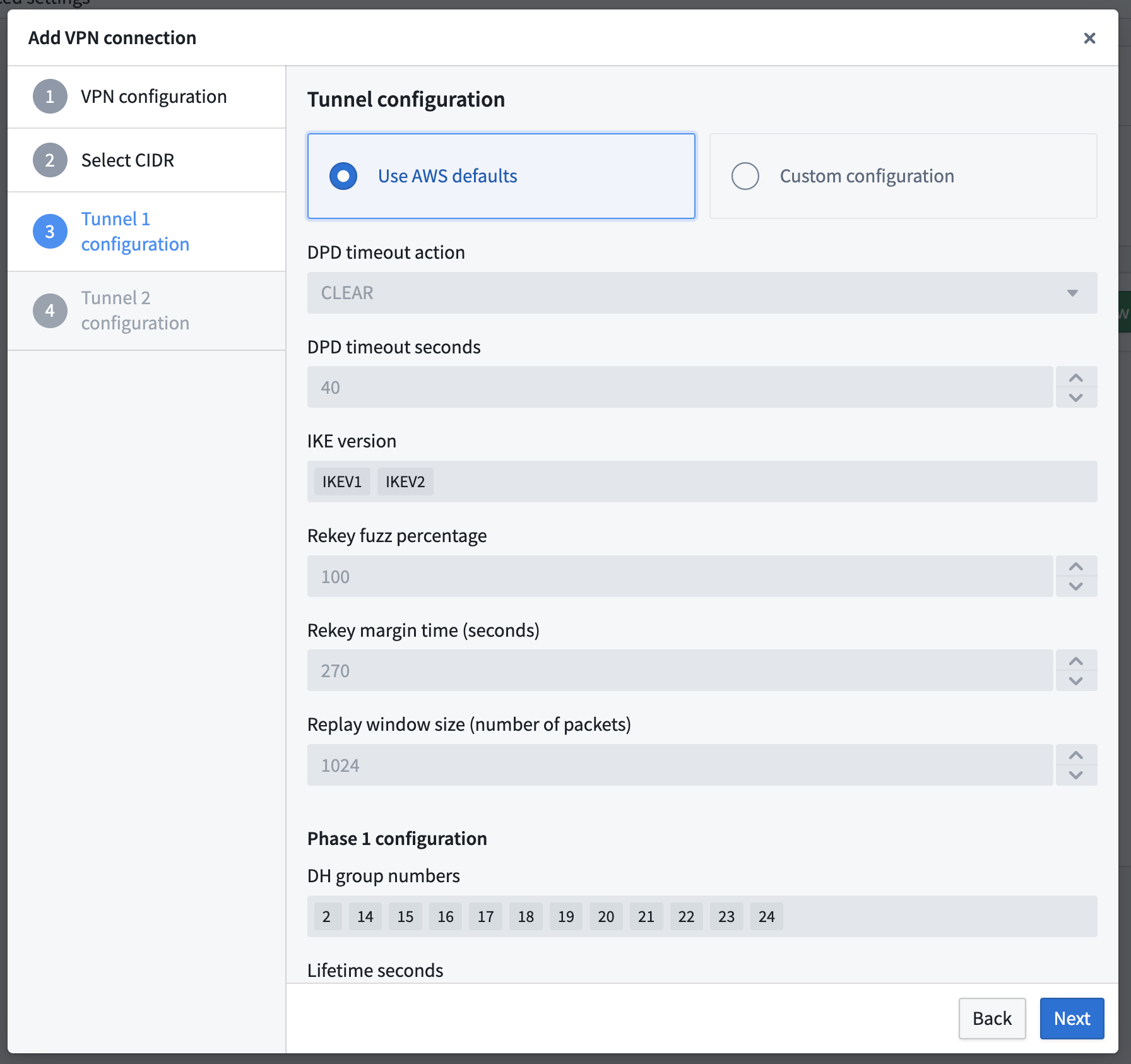 The Add VPN connection popup window displays the Tunnel 1 configuration tab.