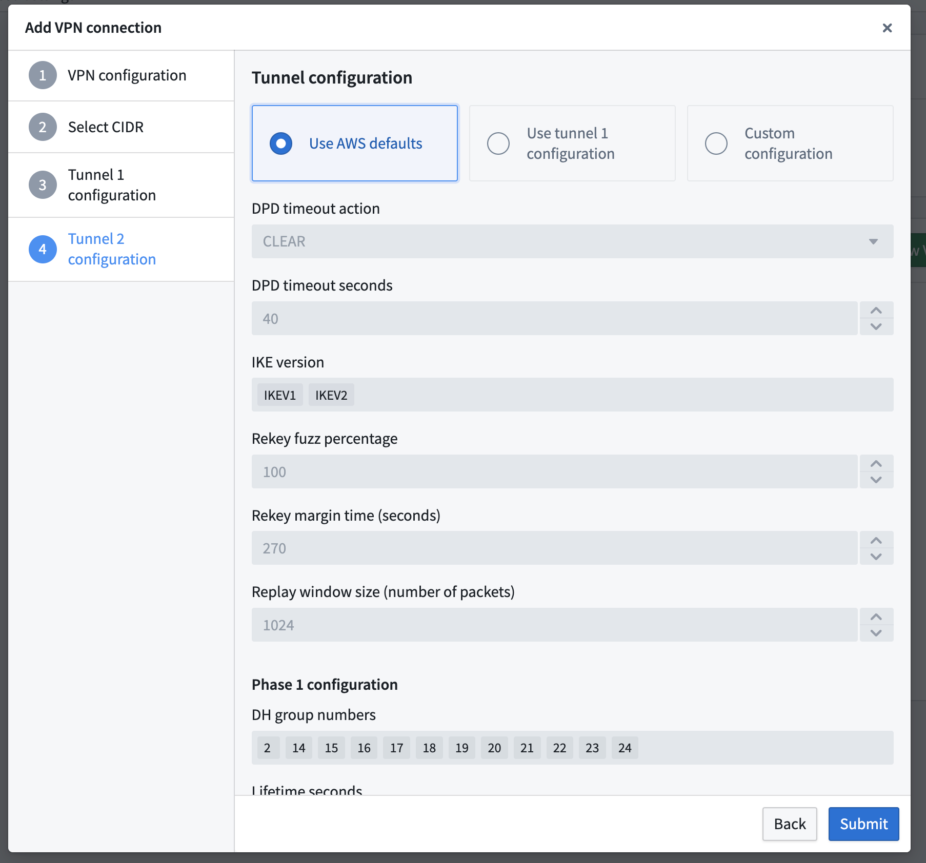The Add VPN connection popup window displays the Tunnel 2 configuration tab.