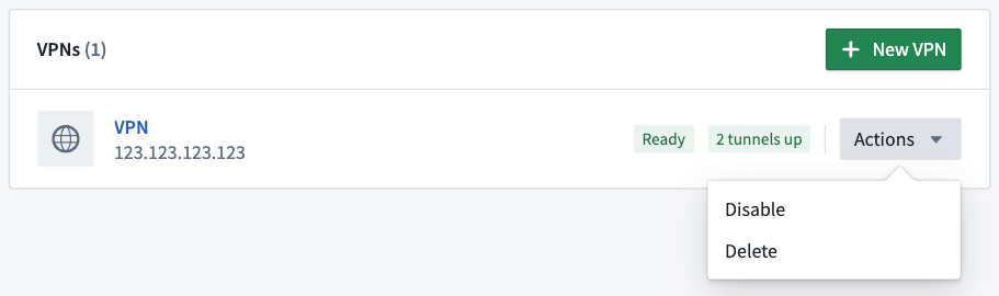 The VPNs tab displays the ability to Disable or Delate a VPN.