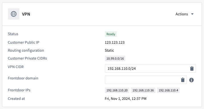 The VPN configuration details panel is displayed.