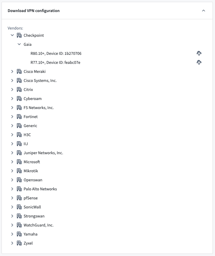 The Download VPN configuration window displays vendors and configuration for their gateway devices.
