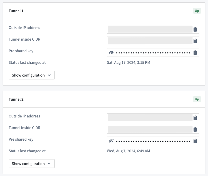 Control Panel displays that status of network ingress VPN tunnels as Up.