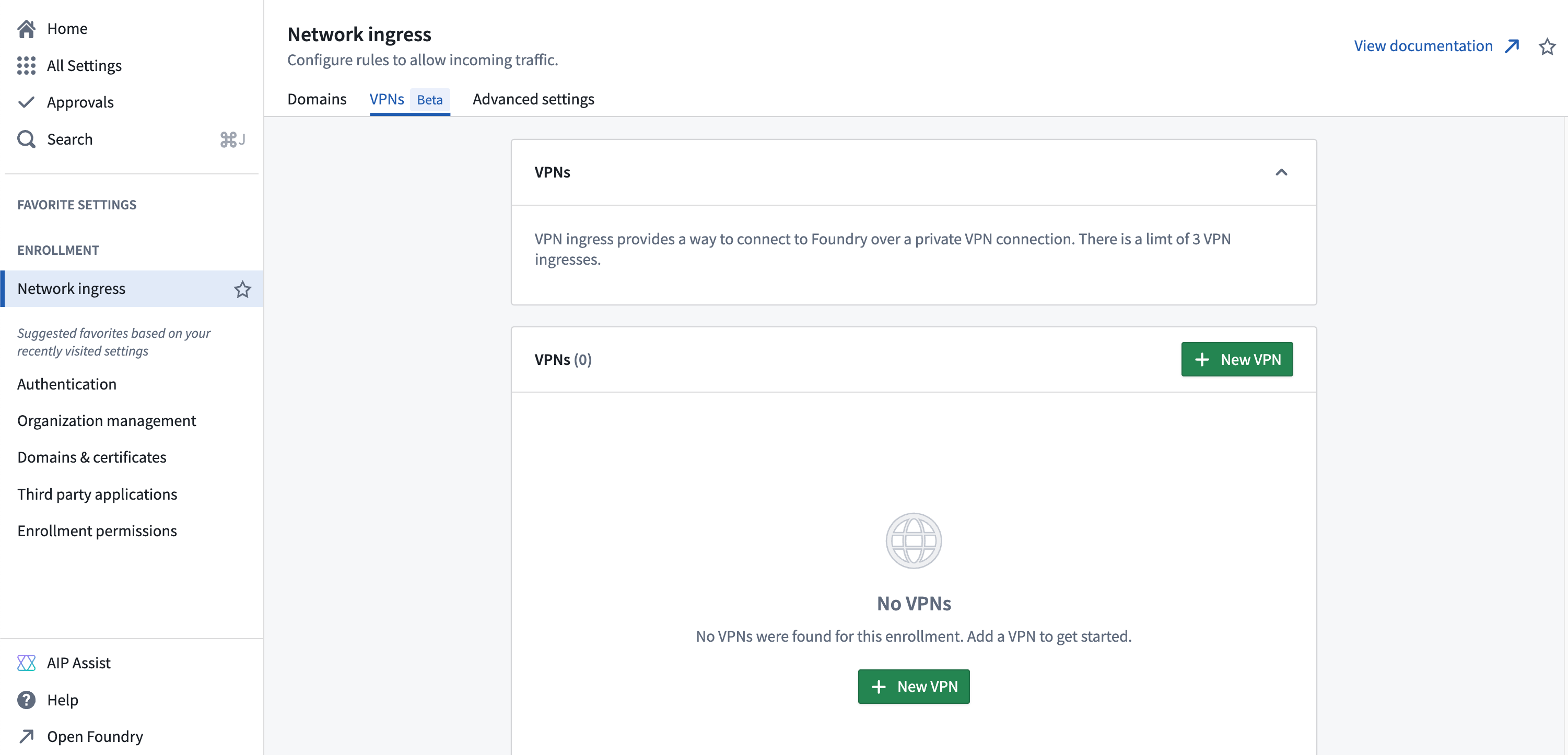 Control Panel's Network ingress VPNs page is displayed.