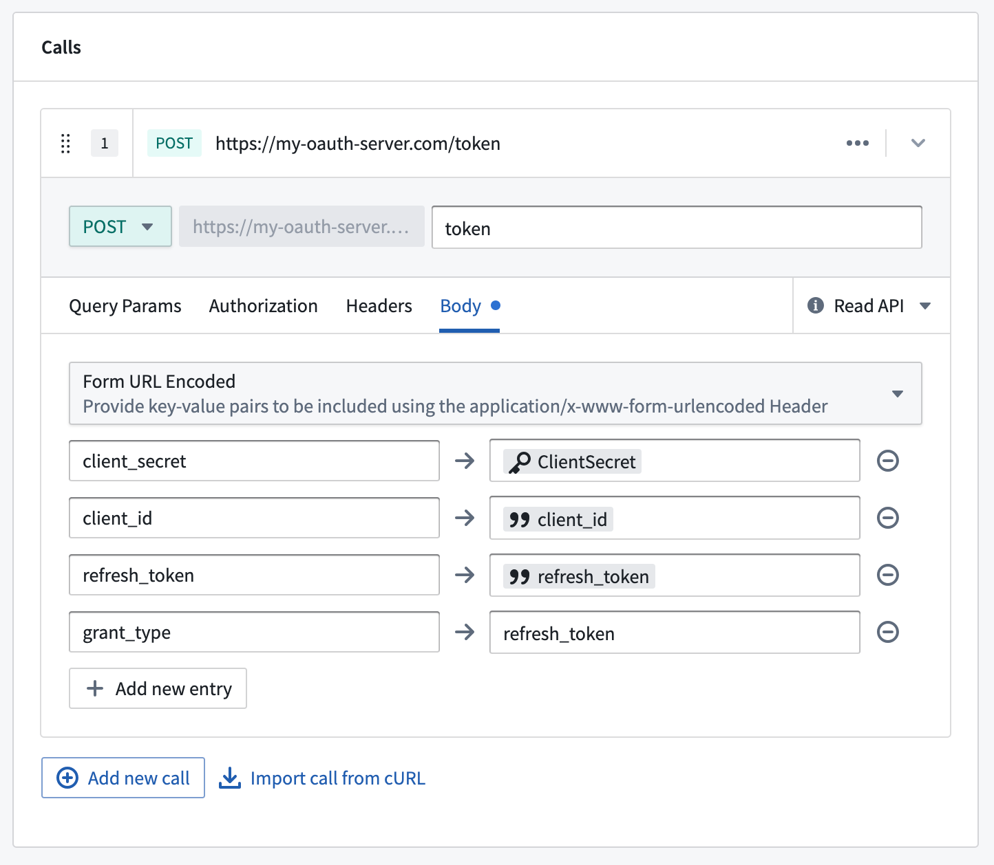 An OAuth 2.0 server refresh request with key-value pairs.