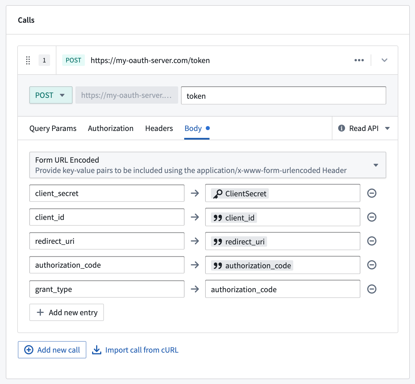 An OAuth 2.0 server token request with key-value pairs.