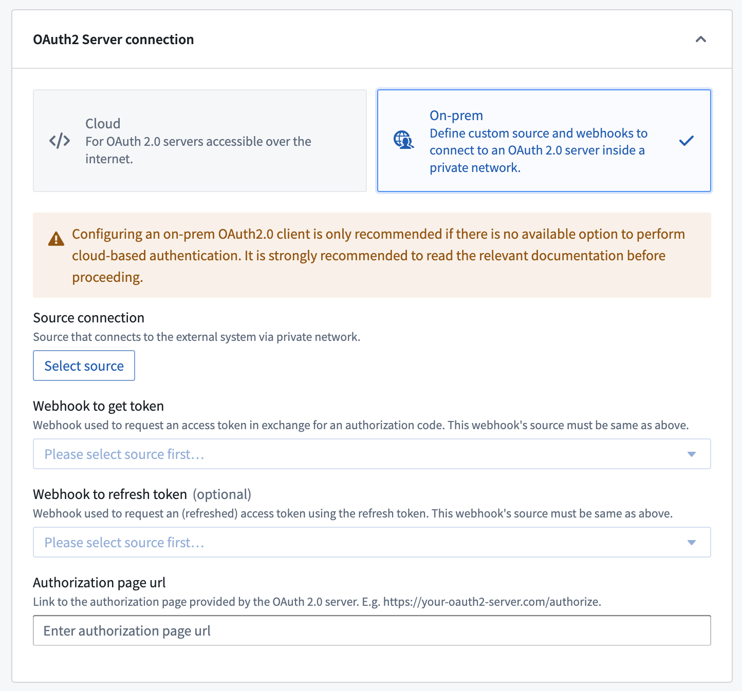 A view in Control Panel of the configuration options available for on-premise outbound applications.