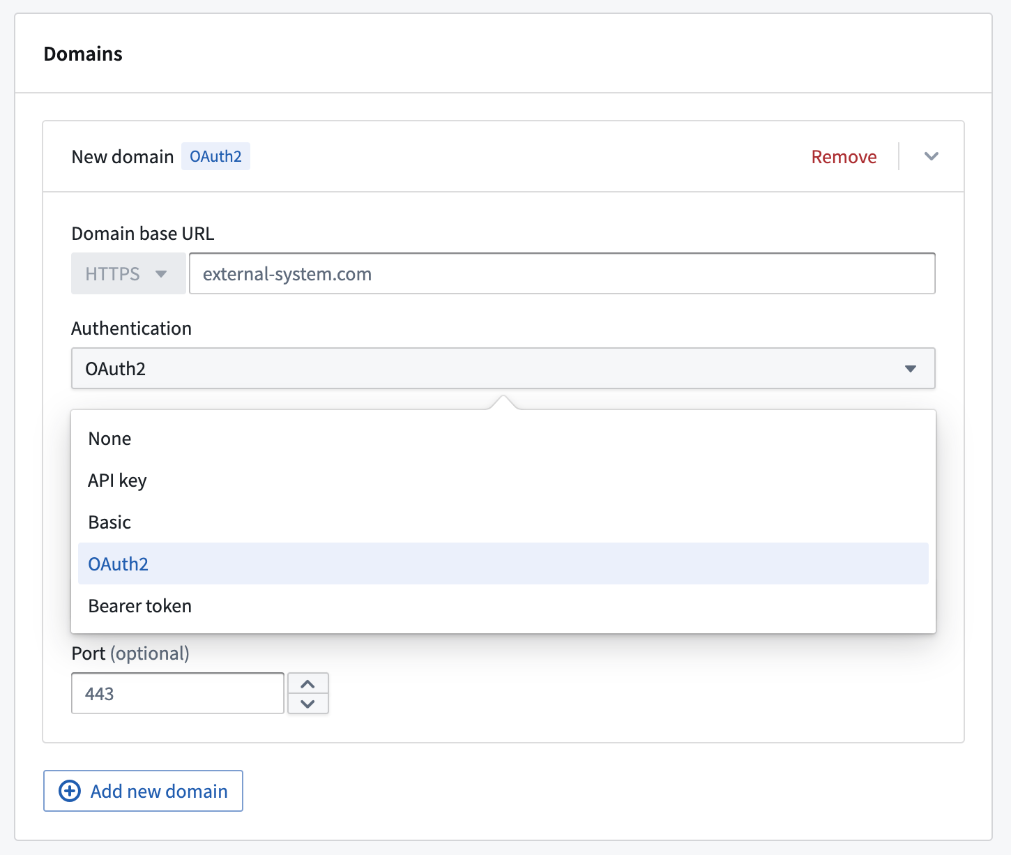 The Domain section of the REST API source configuration. The authorization is set to OAuth 2.0 from the dropdown menu. 