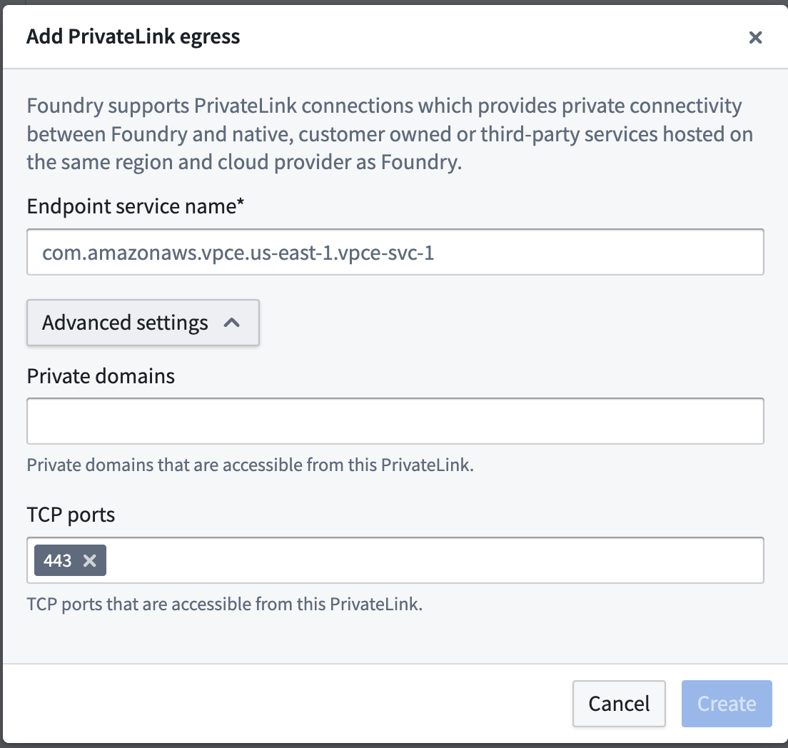 The Control Panel advanced settings when creating a PrivateLink.