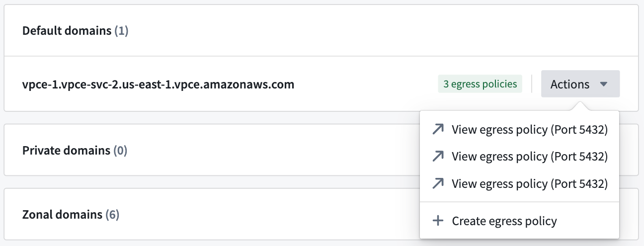 The Control Panel display of default, private and zonal domains in the network egress policy settings in a PrivateLink.