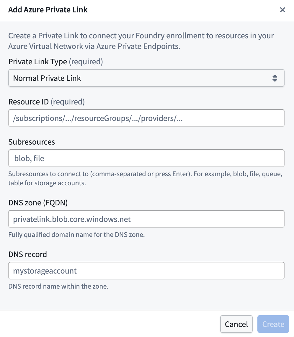 The Control Panel dialog to create a standard private link in Azure.