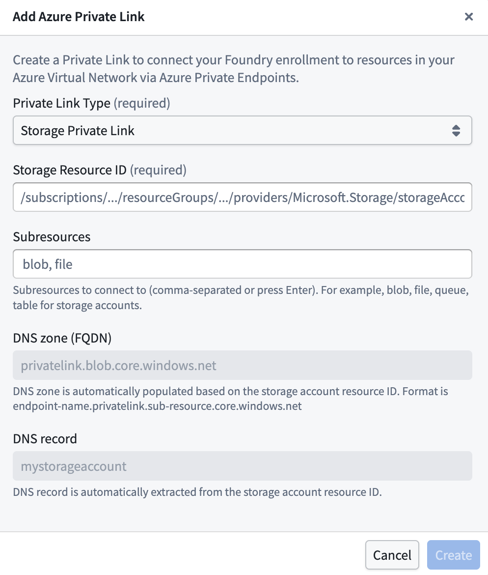 The Control Panel dialog to create a storage private link in Azure.