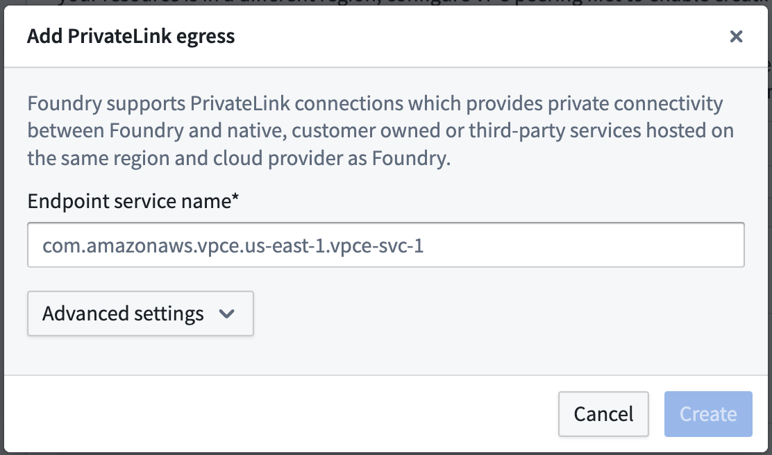 The Control Panel dialog to create a PrivateLink.