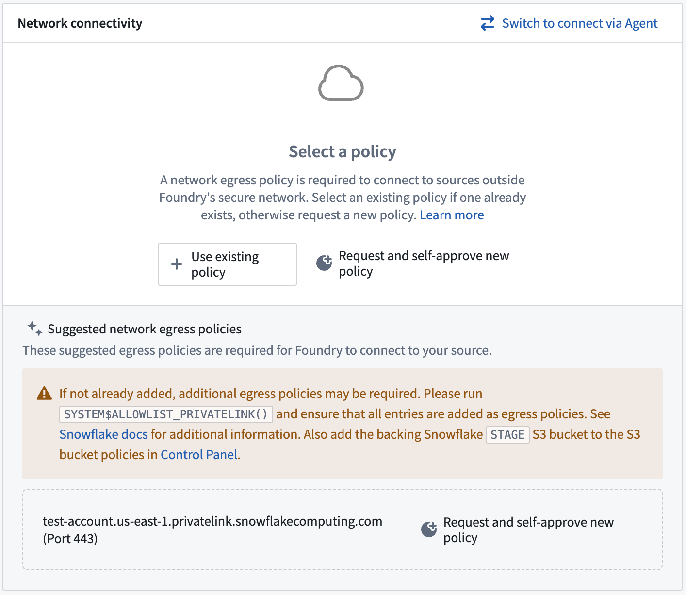 A Control Panel callout displaying suggested egress for a Snowflake source.