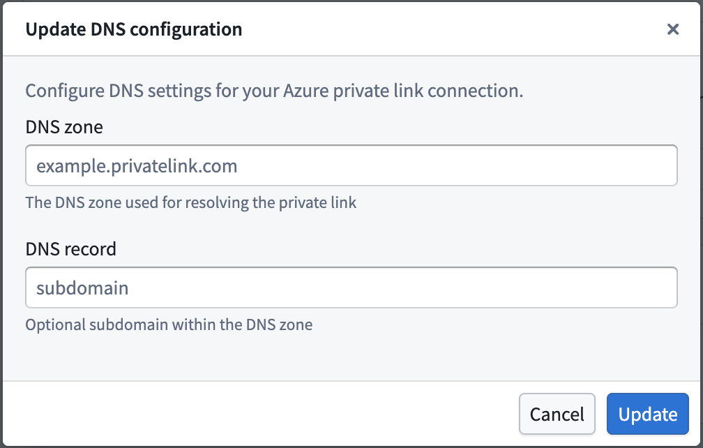 The Control Panel display for updating a private link in Azure.