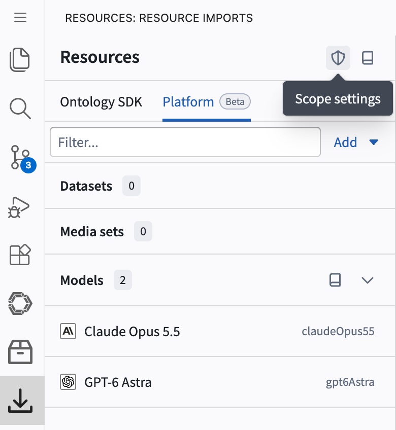 The Resource imports sidebar shows the Scope settings control.