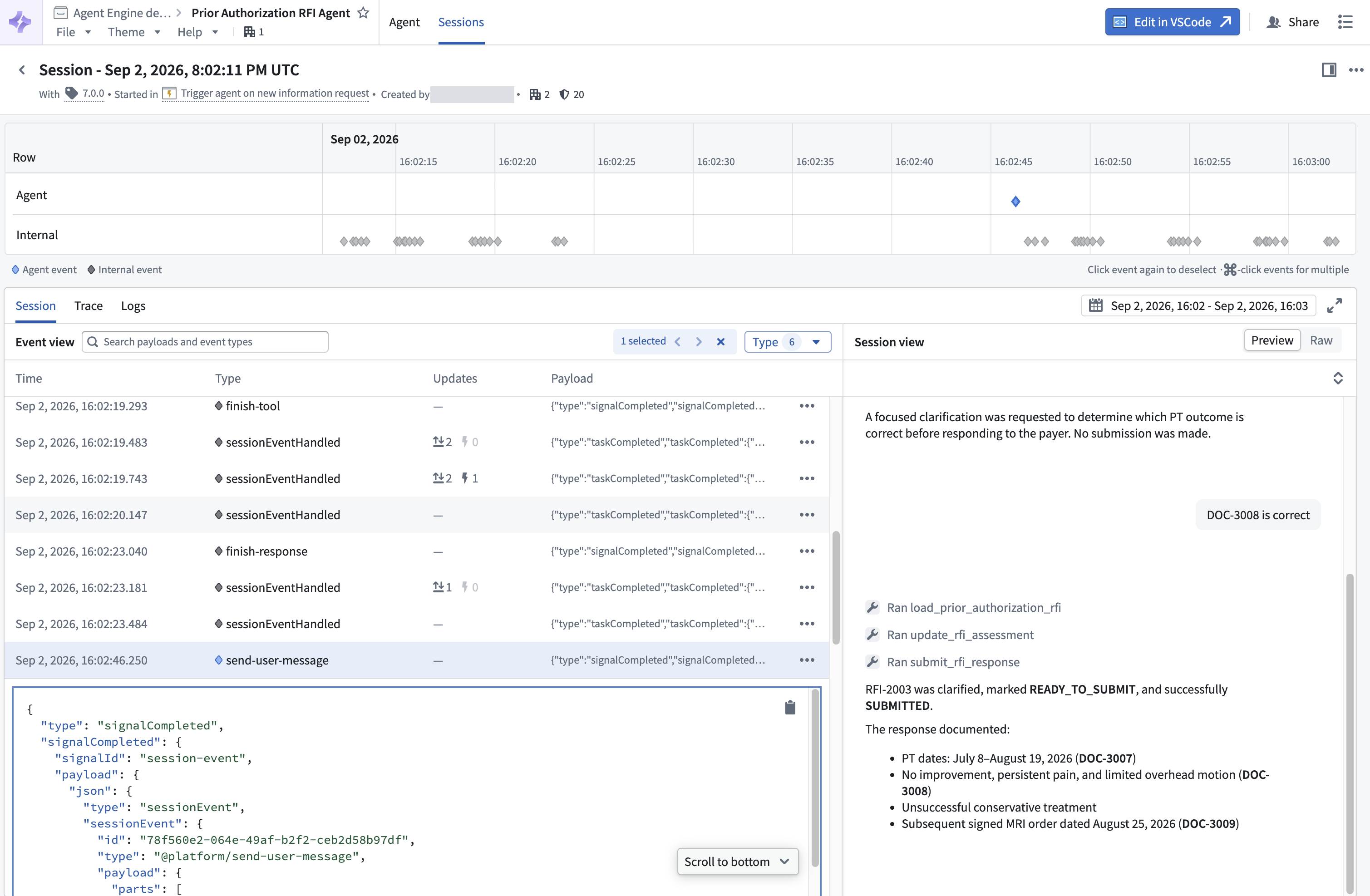 Agent Manager には、選択した send-user-message イベント、そのペイロード、セッション表示が表示されます。