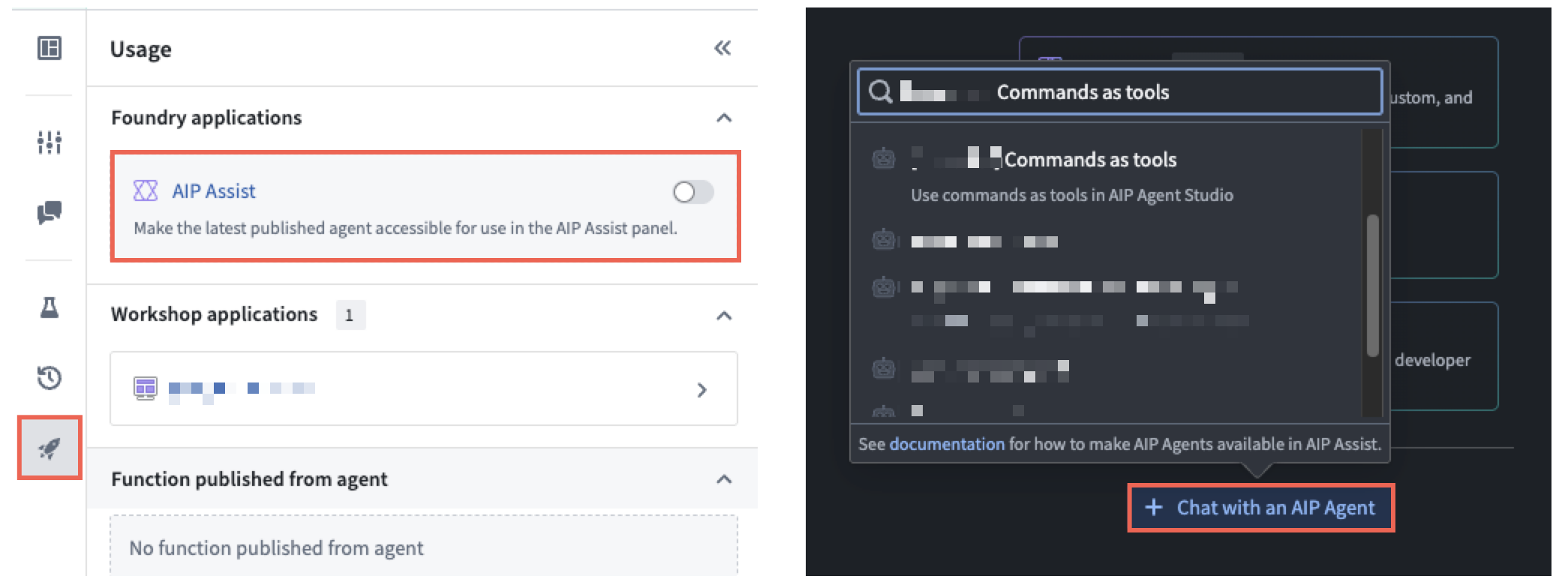 A user toggles on AIP Assist in AIP Agent Studio before selecting their agent in an AIP Assist chat panel.