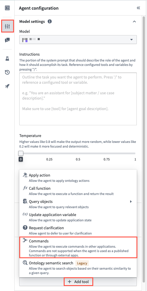 The Agent configuration panel displays the Tools section.