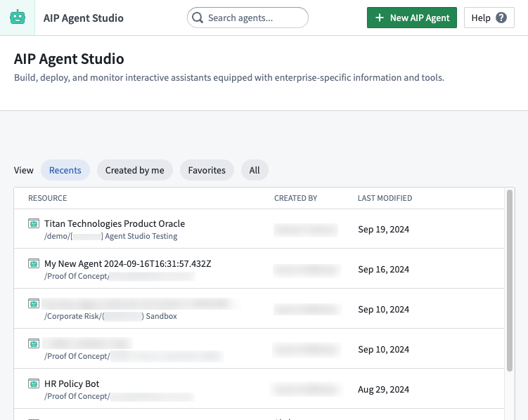 AIP Agent Studio landing page with New AIP Agent option.