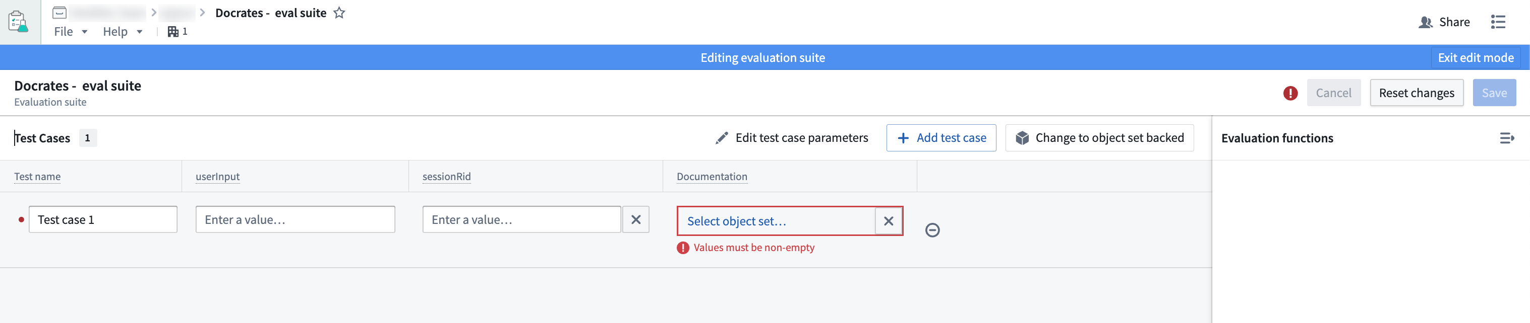 The option to select an object set in an evaluation suite test case.