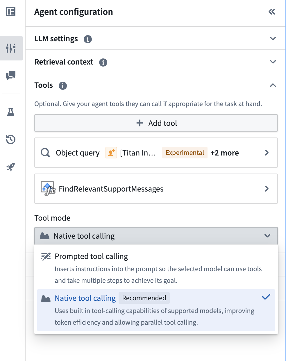 Tool mode selection in edit mode in AIP Agent Studio, with prompted tool calling and native tool calling modes available for selection.