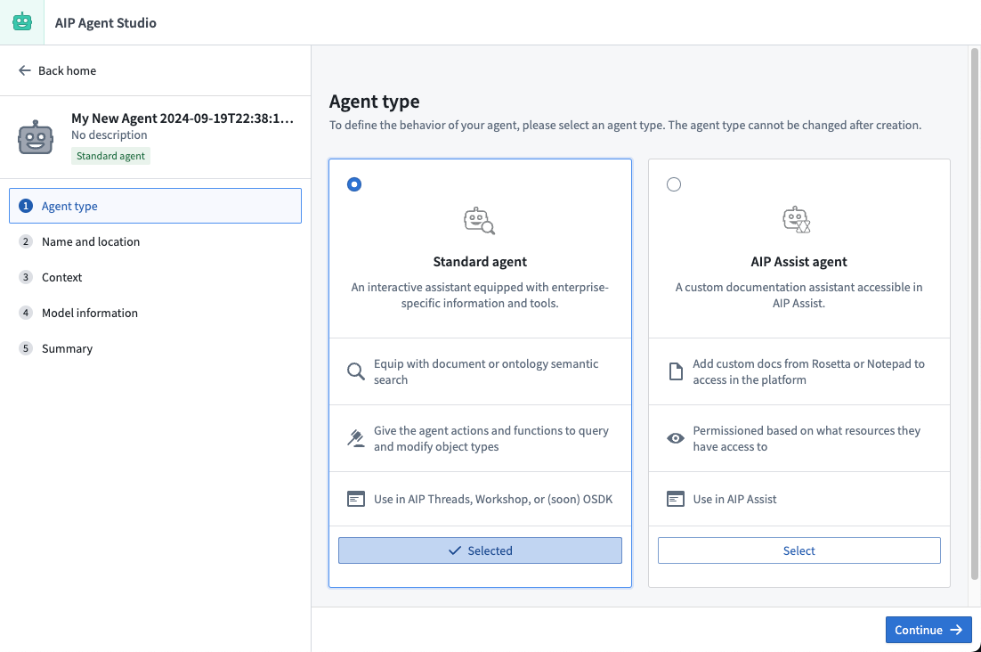 AIP Agent Studio creation page, showing "Standard agent" and "AIP Assist agent" as choices.