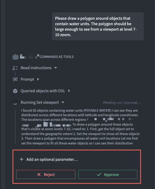 An AIP Agent prompts a user to Reject or Accept a command output.