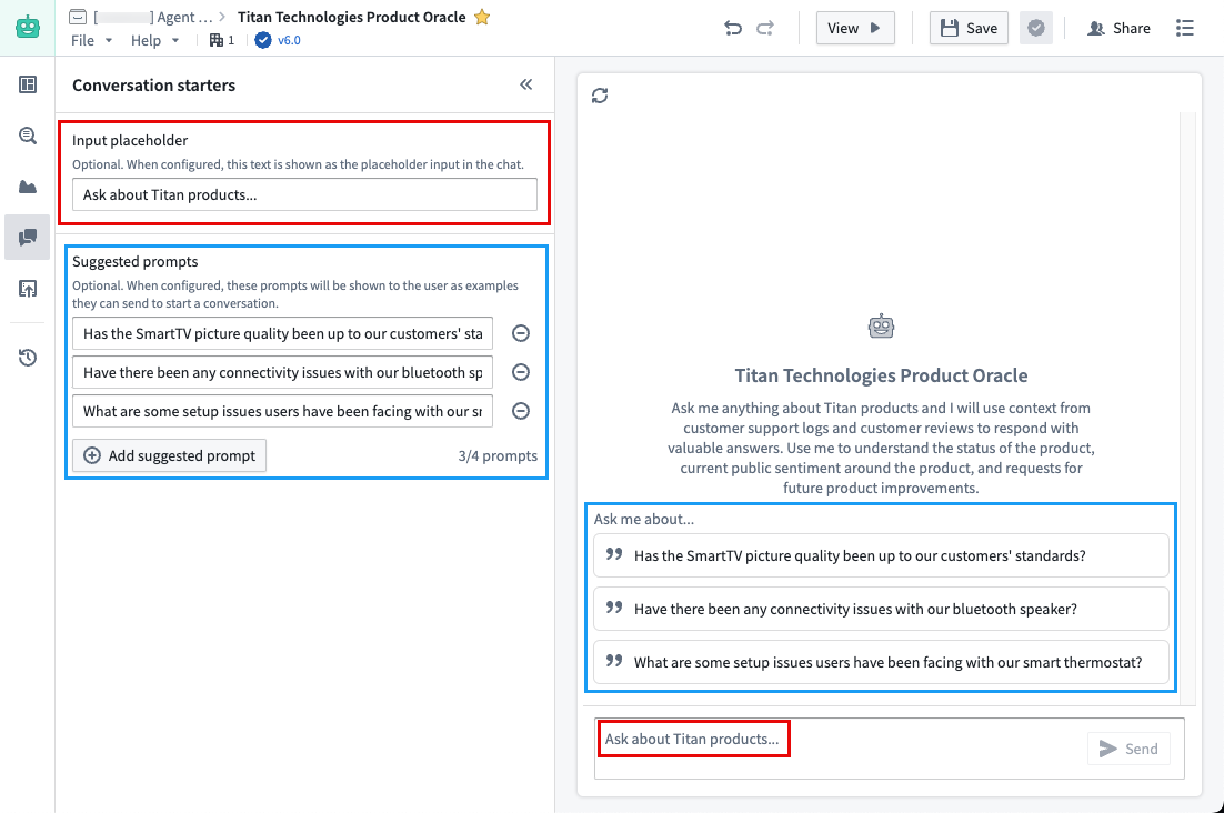 AIP Agent Studio edit view, highlighting option to change the input placeholder and suggested prompts.