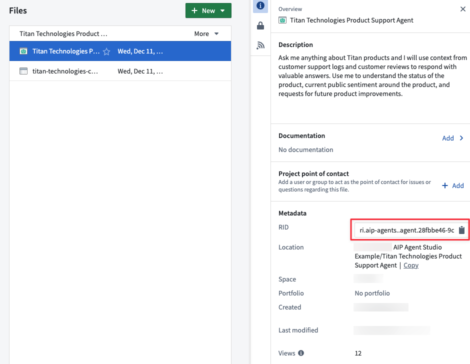 Copy the AIP Agent RID from the AIP Agent file details to use with the platform APIs.