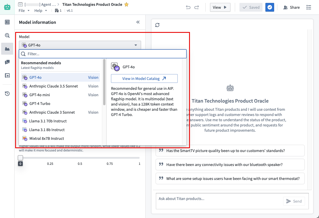 AIP Agent Studio edit view, highlighting option to change the model.