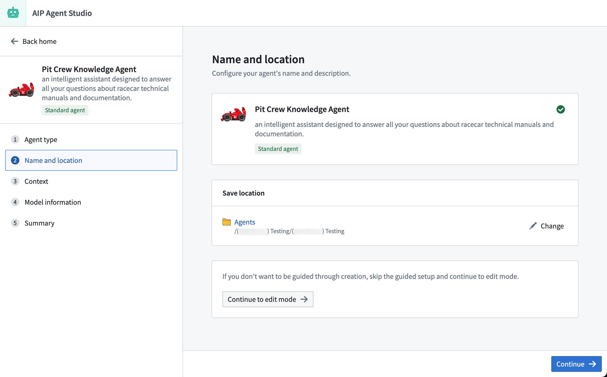 AIP Agent Studio creation flow, showing options to input name, description, logo, and location.