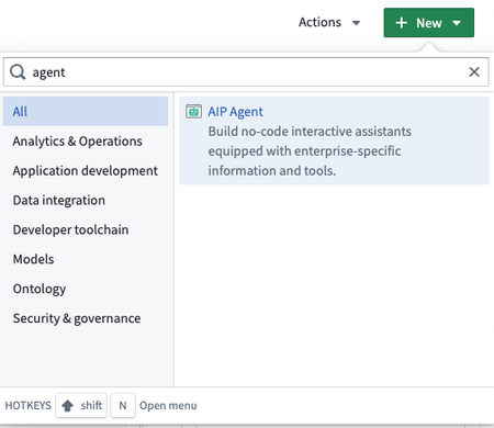 Create new AIP Agent window.