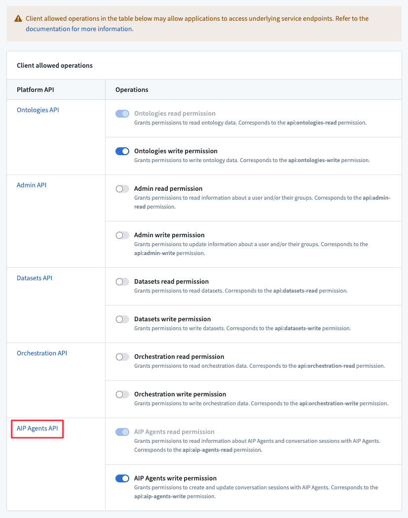 Enable the AIP Agents API operations in the Client Allowed Operations table.