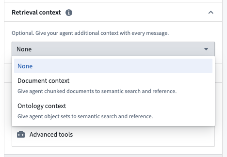 Retrieval context options shown in AIP Agent Studio edit mode.