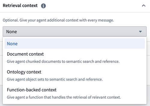 Retrieval context options shown in AIP Agent Studio edit mode.