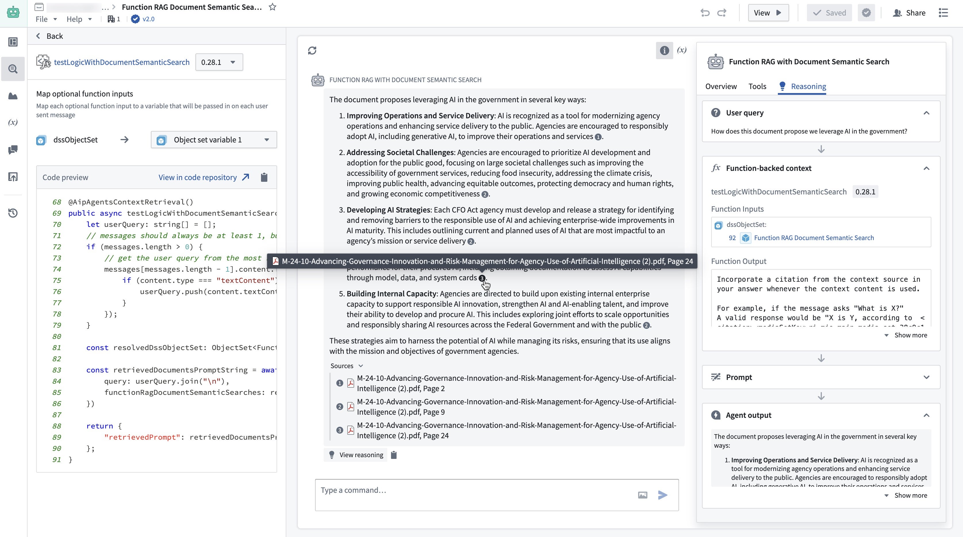 A screenshot of AIP Agent Studio with function-backed context configured to return custom document citations.