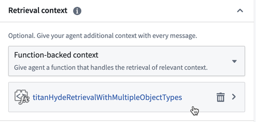 A screenshot of the function-backed context selection in AIP Agent Studio