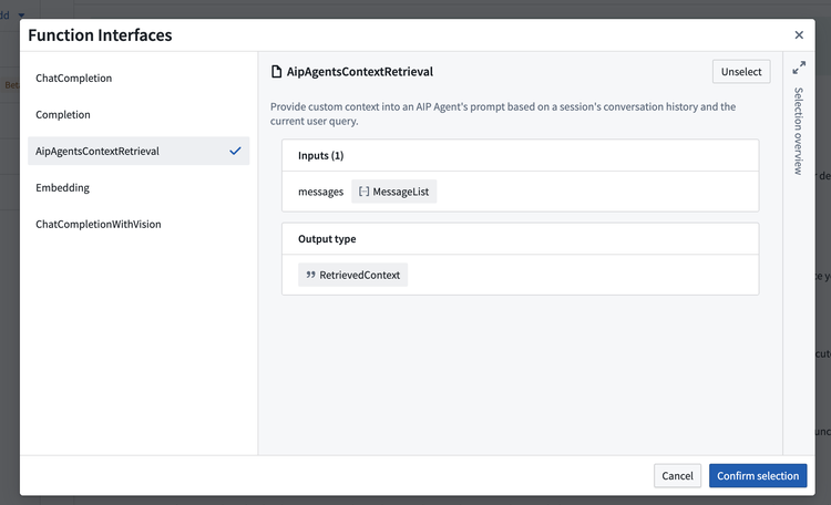 A screenshot of the function interfaces dialog in Code Repositories