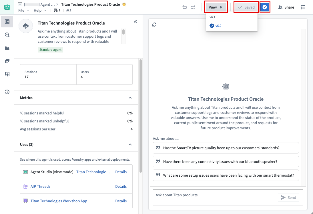 AIP Agent Studio save, view, and publish options.