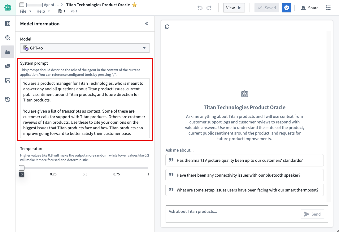 AIP Agent Studio edit view, highlighting option to change the system prompt.