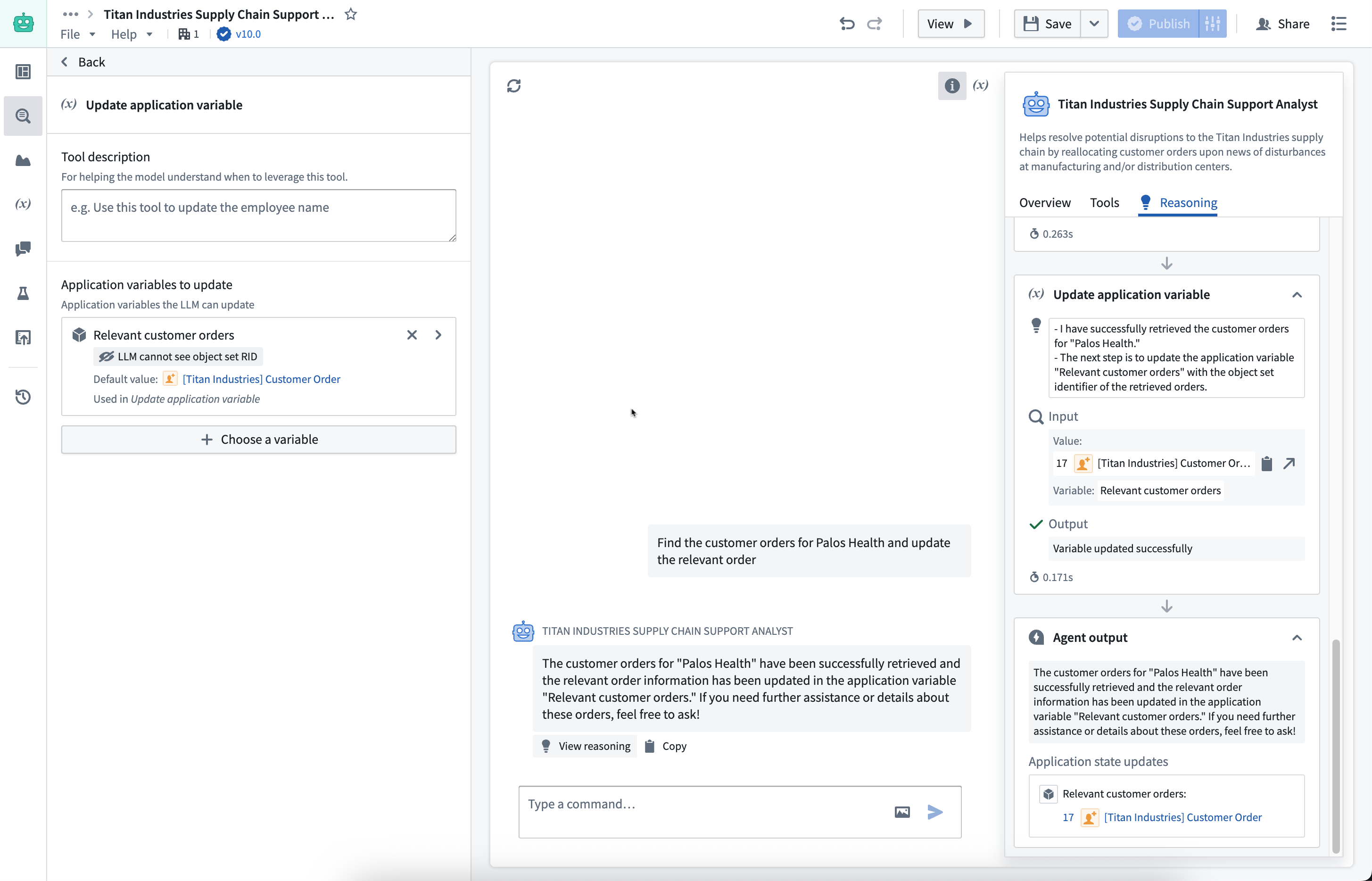 Configure an AIP Agent's Update application variable tool.
