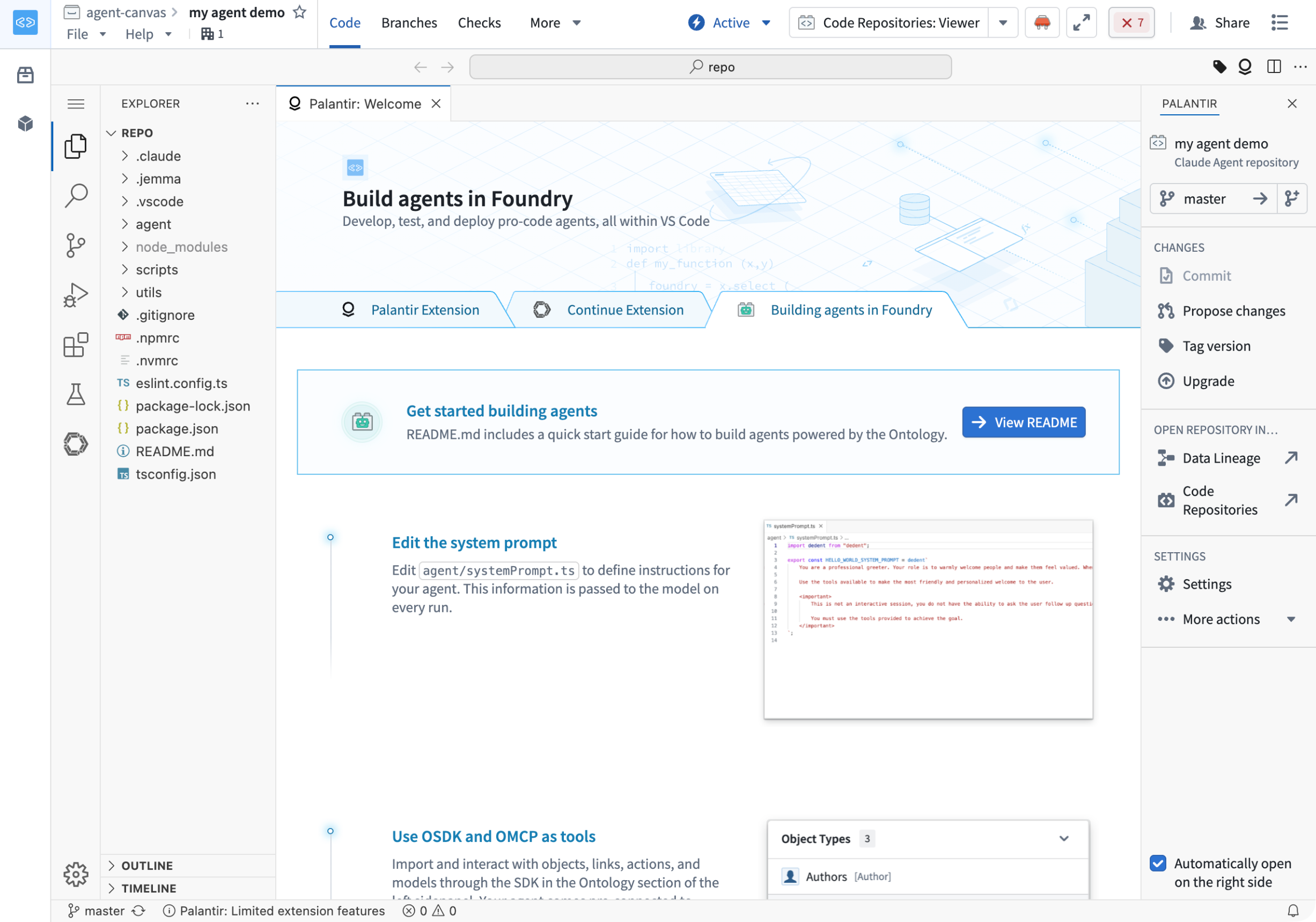 The landing page of an agent template code repository, with links to start building your agent.