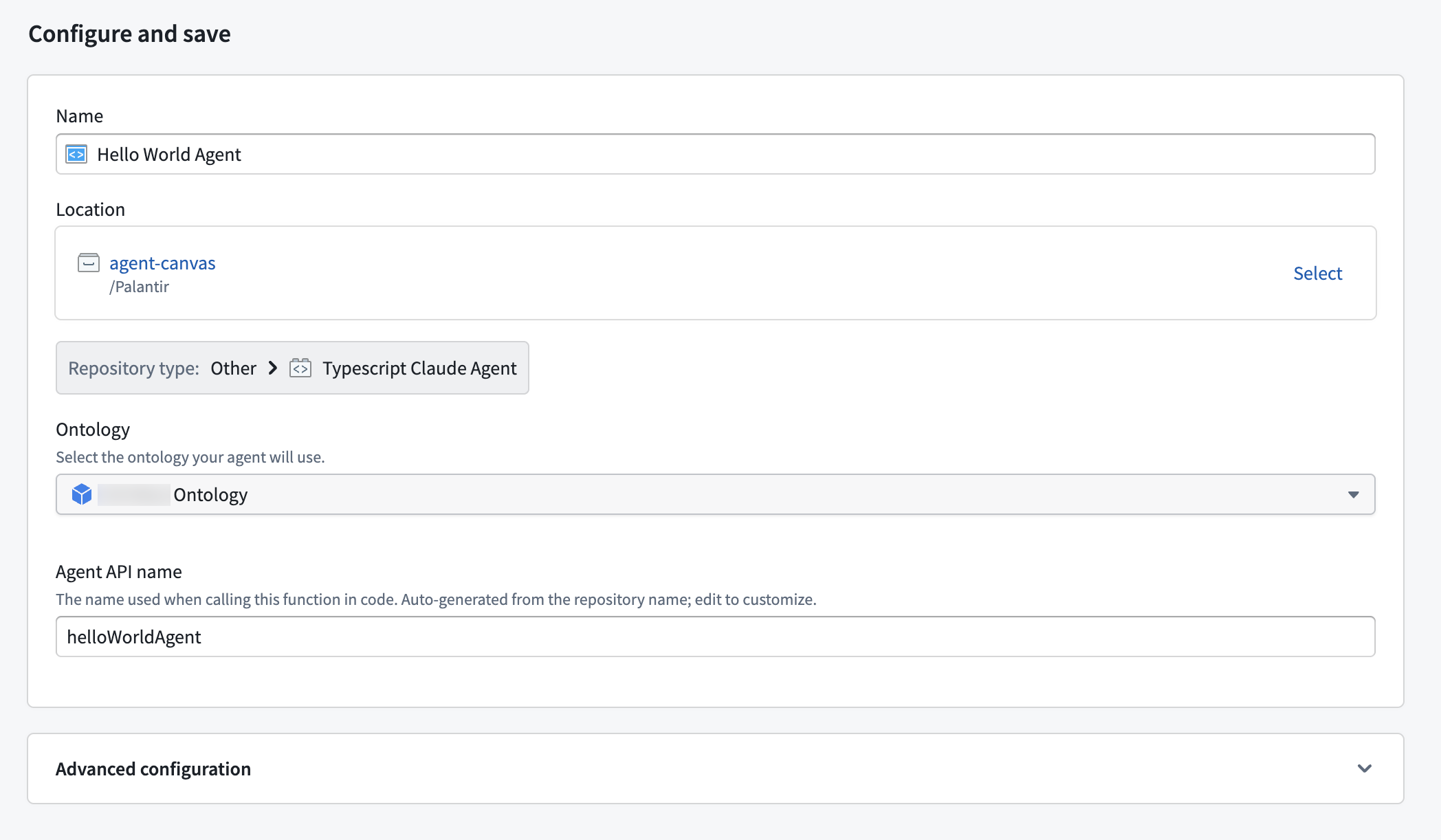 The Configure and save page shows fields for the agent name, location, repository type, ontology, and Agent API name.