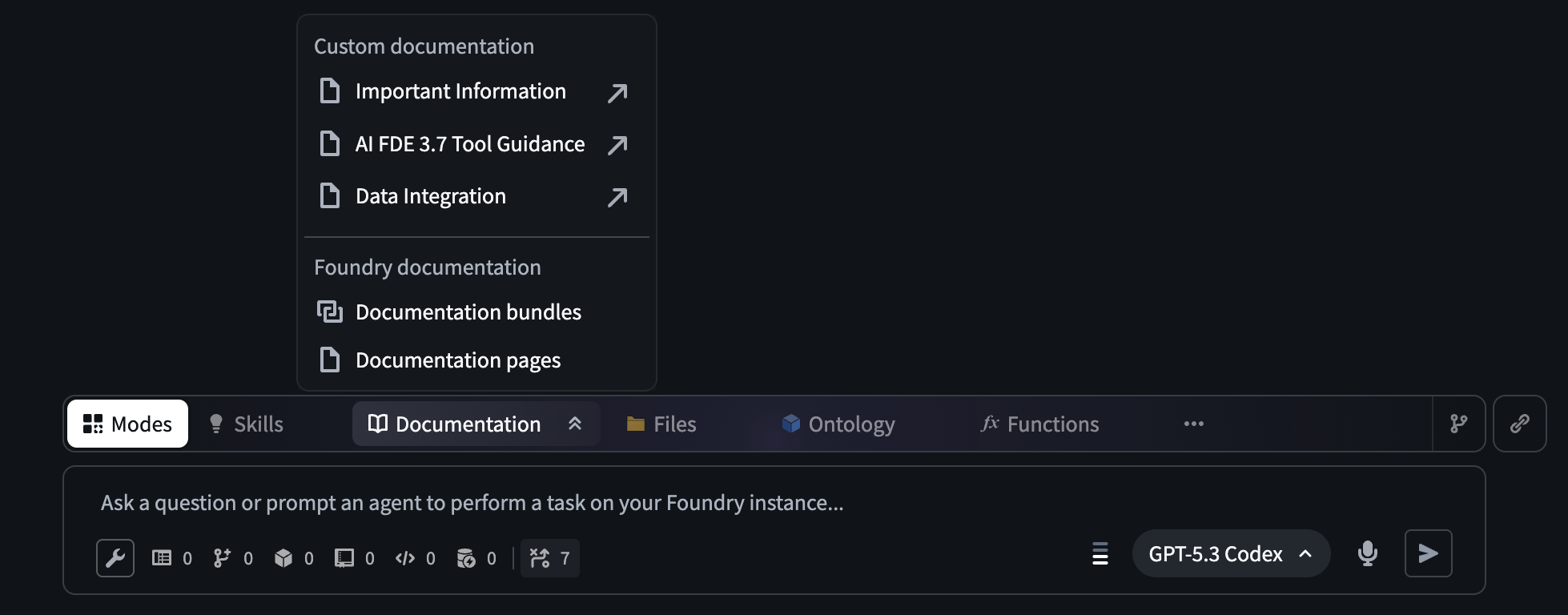 The ribbon above the AI FDE input field with the option to add documentation bundles highlighted.