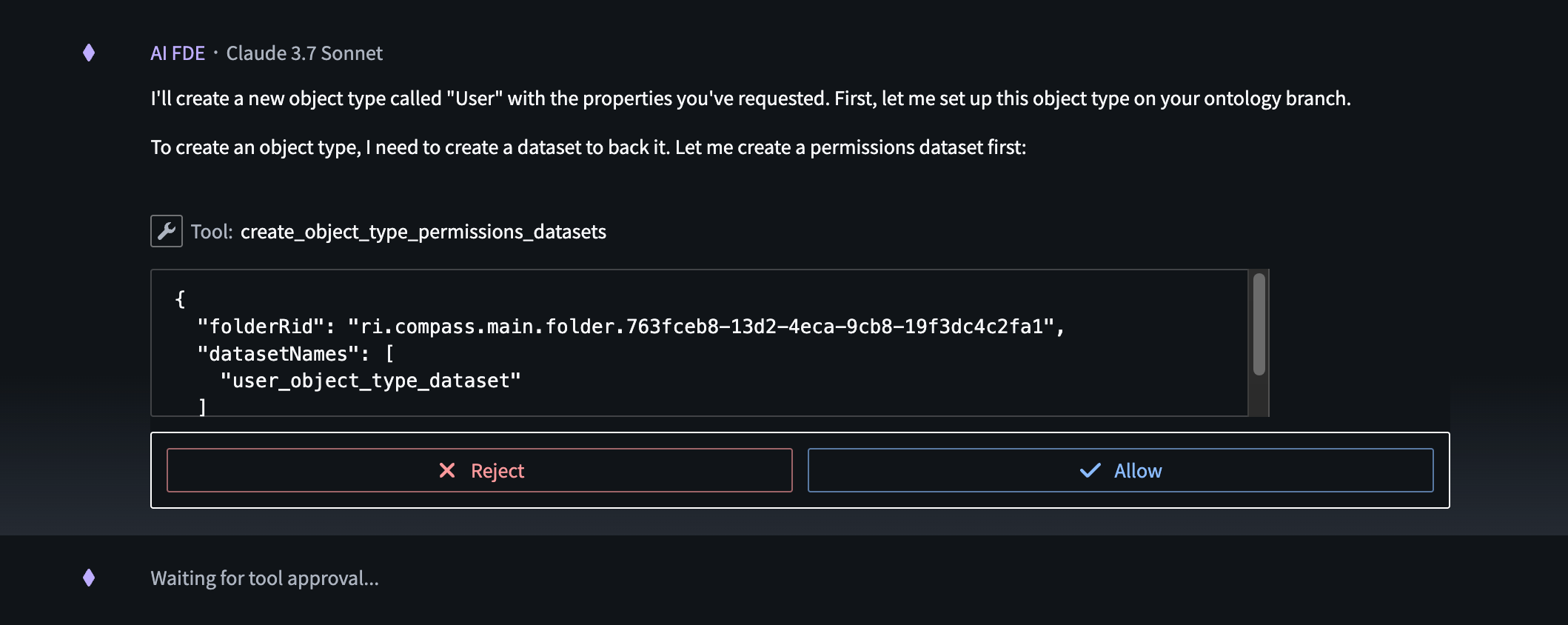 The option to reject or allow tool usage in an AI FDE session.