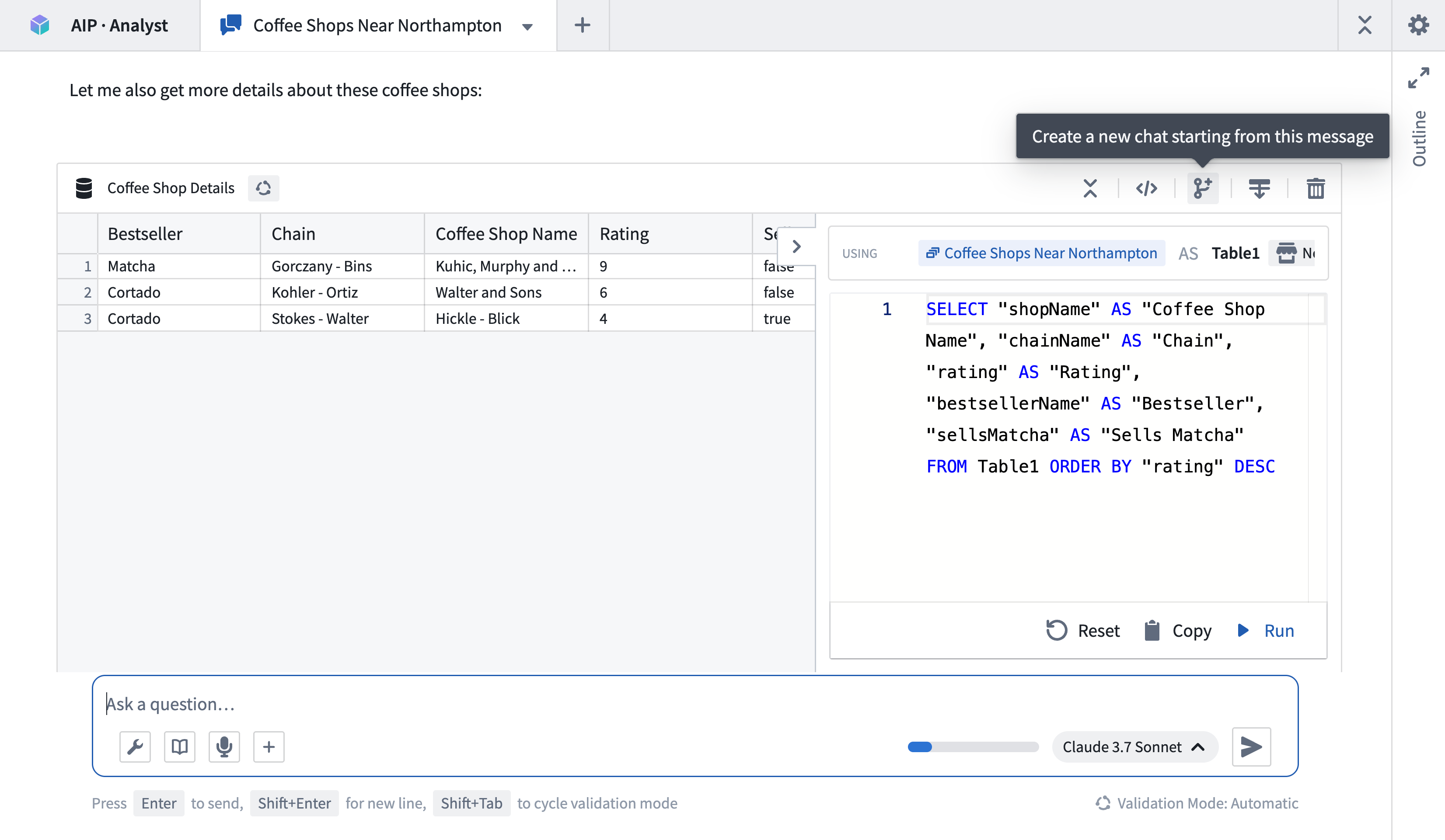 The option to create a new branch from a given message.