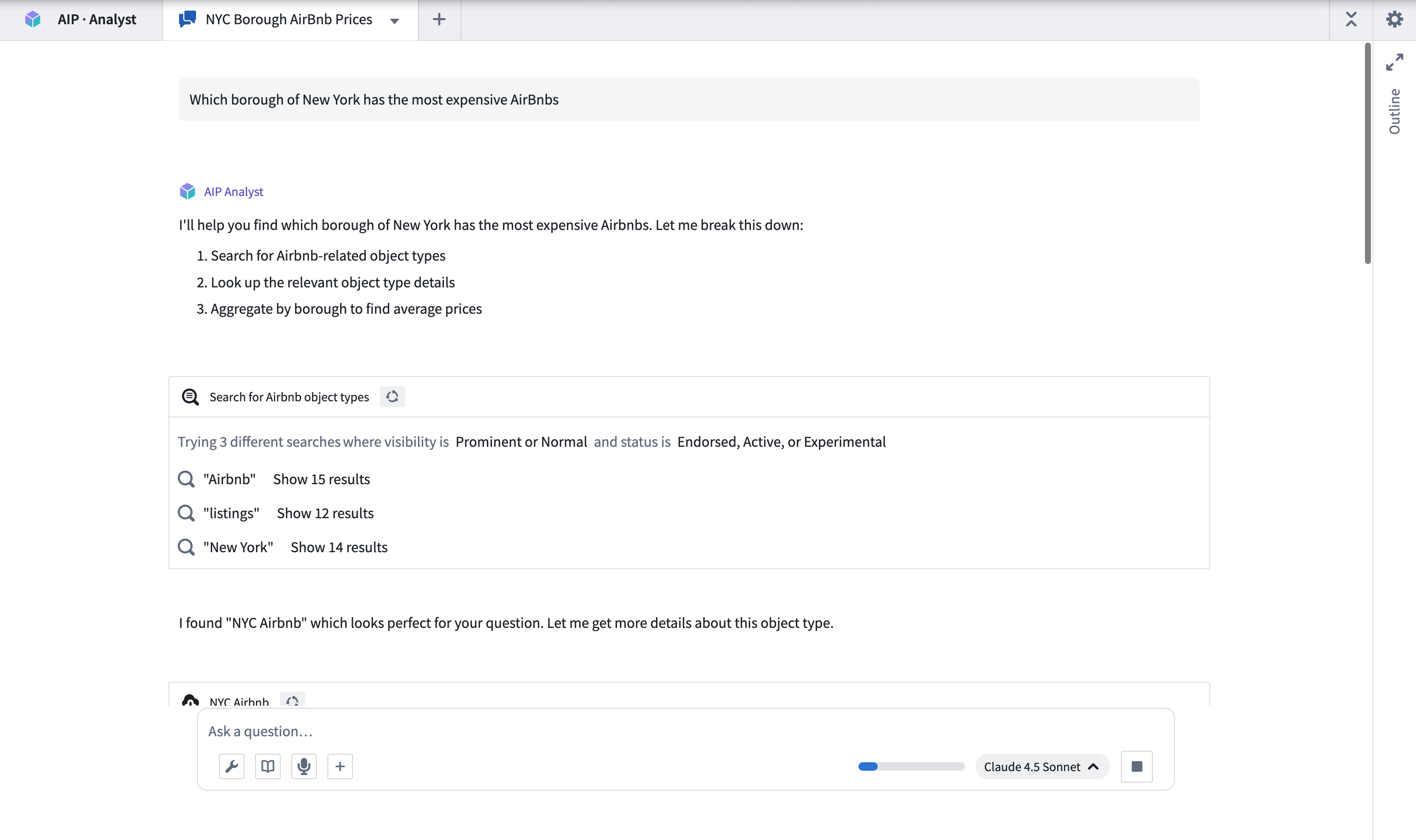 A sample AIP Analyst conversation.