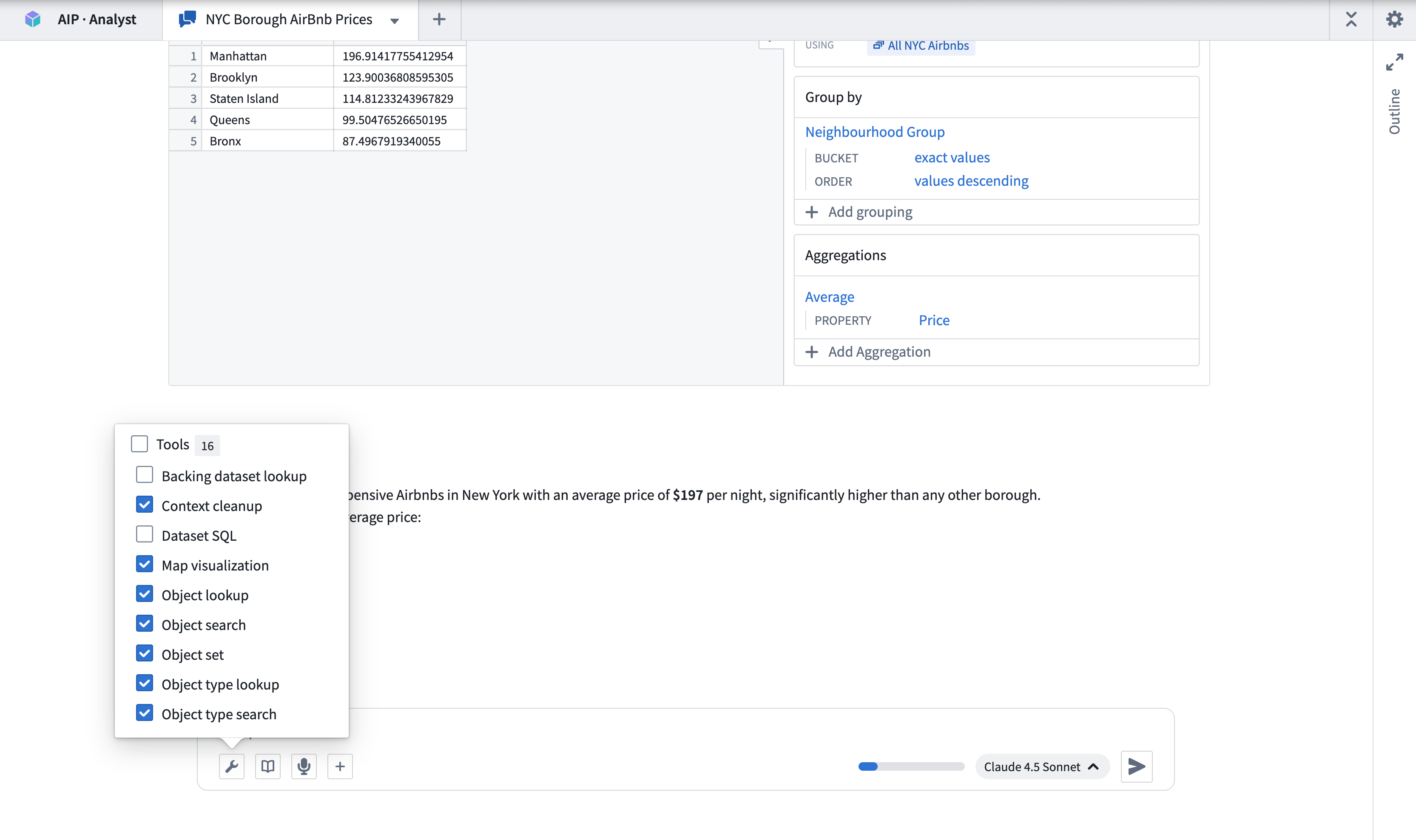 The AIP Analyst tools menu.